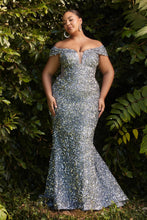 CD CD975C - Plus Size Full Sequin Off the Shoulder Plus Size Fit & Flare Prom Gown with Sheer V-Neck & Side Panels PROM GOWN Cinderella Divine 18 MIDNIGHT GREY 
