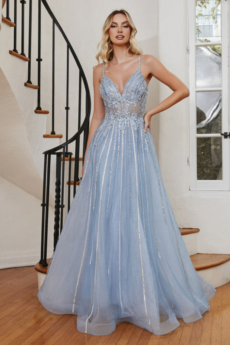 CD CD994 - In-Line Beaded Lace & 3D Floral Embellished A-Line Prom Gown with Sheer Boned Bodice & Shimmer Tulle Skirt PROM GOWN Cinderella Divine 4 BLUE 