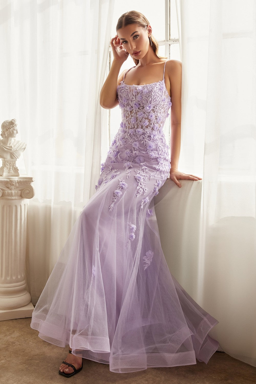 CD CD995 - 3D Floral Embellished Fit & Flare Prom Gown with Sheer Boned Bodice & Lace Up Corset Back PROM GOWN Cinderella Divine 2 LAVENDER 