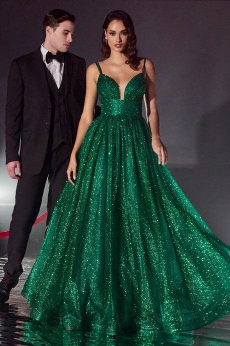 CD CD996 - Glittery Ball Gown with Gathered V-Neck Bodice Open Lace Up Corset Back & Side Pockets PROM GOWN Cinderella Divine 2 EMERALD 