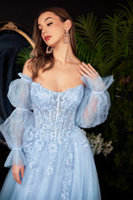 CD CD997 - Strapless A-Line Prom Gown with Sheer 3D Applique Boned Bodice Removeable Puff Sleeves Layered Luminescent Tulle Skirt & High Leg Slit PROM GOWN Cinderella Divine 2 BLUE 