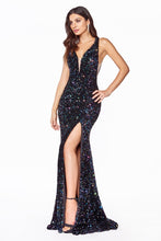 CD CF318 - Iridescent Sequin Fit & Flare Prom Gown with V-Neck Sheer Underarms Open Corset Back & Leg Slit PROM GOWN Cinderella Divine   