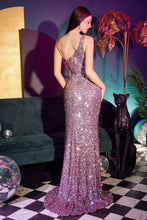 CD CH118 - Fit & Flare One Shoulder Iridescent Full Sequin Prom Gown with Leg Slit PROM GOWN Cinderella Divine XS METALLIC-PINK 