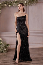 CD CH165 - A-Symmetrical Full Sequin Fit & Flare Prom Gown with Pointed Neckline Leg Slit & Open Corset Back Prom Dress Cinderella Divine L BLACK 