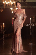CD CH167 - Full Sequin Fluttering Off The Shoulder Fit & Flare Prom Gown with Illusion V-Neck & Leg Slit PROM GOWN Cinderella Divine S GOLD 