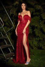 CD CH167 - Full Sequin Fluttering Off The Shoulder Fit & Flare Prom Gown with Illusion V-Neck & Leg Slit PROM GOWN Cinderella Divine S RED 