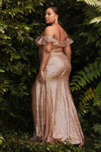 CD CH167 - Full Sequin Fluttering Off The Shoulder Fit & Flare Prom Gown with Illusion V-Neck & Leg Slit PROM GOWN Cinderella Divine 2XL GOLD 