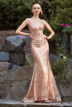 CD CH235 - Full Sequin Fit & Flare Prom Gown with Plunging V-Neck & Strappy Open Back Prom Dress Cinderella Divine S GOLD 