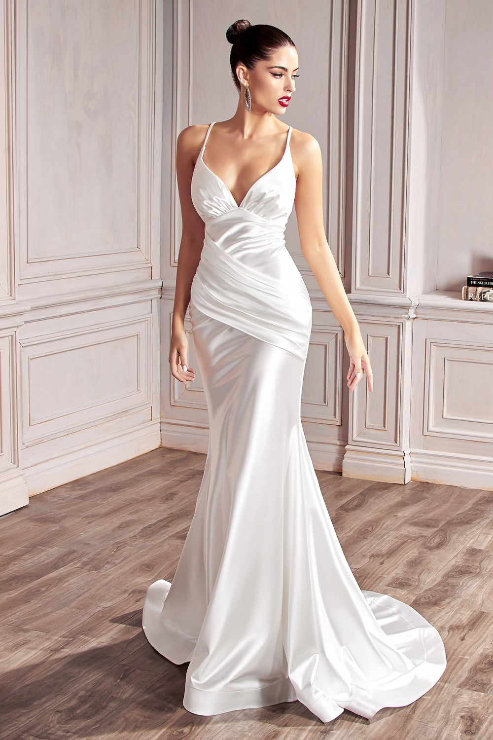CD CH236W - Stretch Satin Fit & Flare Wedding Gown with Gathered Ruche –  Diggz Formals