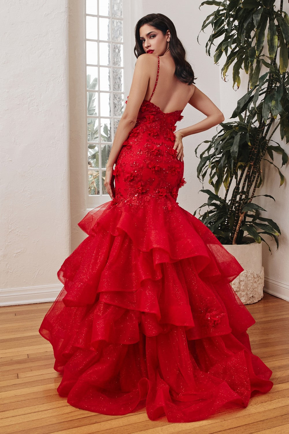 Glitter Feather Long Train Feminine Red Prom Gown - Xdressy