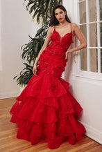 CD CM329 - Shimmer Tulle Mermaid Prom Gown with Tiered Skirt 3D Floral Applique & Beaded Straps PROM GOWN Cinderella Divine   