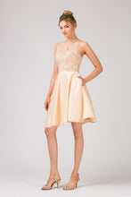 E 8433 - Short Satin A-Line Homecoming Dress with Beaded Lace Halter & Pockets Homecoming Eureka XS CHAMPAGNE 