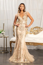 GL 1983 - Feather Embellished Glitter Print Fit & Flare Prom Gown with V-Neck & Sheer Back Dresses GLS XS GOLD 