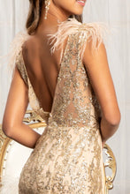 GL 1983 - Feather Embellished Glitter Print Fit & Flare Prom Gown with V-Neck & Sheer Back Dresses GLS   