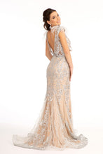 GL 1983 - Feather Embellished Glitter Print Fit & Flare Prom Gown with V-Neck & Sheer Back Dresses GLS XS SILVER 