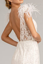 GL 1983 - Feather Embellished Glitter Print Fit & Flare Prom Gown with V-Neck & Sheer Back Dresses GLS   