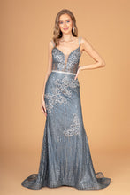 GL 2889 - Floral Embroidered Fit & Flare Prom Gown with Glitter Sequin & Jeweled Waistband Prom Dress GLS   
