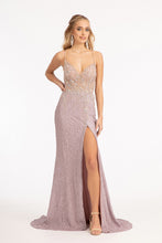 GL 3006 - Full Sequin Fit & Flare Prom Gown with Sheer Beaded Bodice Leg Slit & Open Lace Up Corset Back Dresses GLS XS ROSE GOLD 