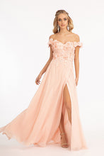 GL 3018 - Off The Shoulder A-Line Prom Gown with  3D Floral Applique Bodice Leg Slit & Corset Back Dresses GLS XS BLUSH 