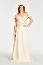 GL 3018 - Off The Shoulder A-Line Prom Gown with  3D Floral Applique Bodice Leg Slit & Corset Back Dresses GLS XS CHAMPAGNE 