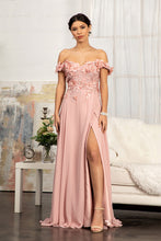 GL 3018 - Off The Shoulder A-Line Prom Gown with  3D Floral Applique Bodice Leg Slit & Corset Back Dresses GLS XS DUSTY ROSE 