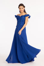 GL 3018 - Off The Shoulder A-Line Prom Gown with  3D Floral Applique Bodice Leg Slit & Corset Back Dresses GLS XS ROYAL BLUE 