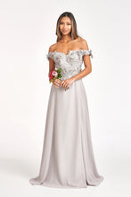 GL 3018 - Off The Shoulder A-Line Prom Gown with  3D Floral Applique Bodice Leg Slit & Corset Back Dresses GLS XS SILVER 