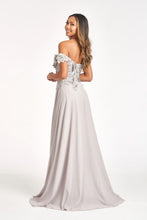 GL 3018 - Off The Shoulder A-Line Prom Gown with  3D Floral Applique Bodice Leg Slit & Corset Back Dresses GLS   