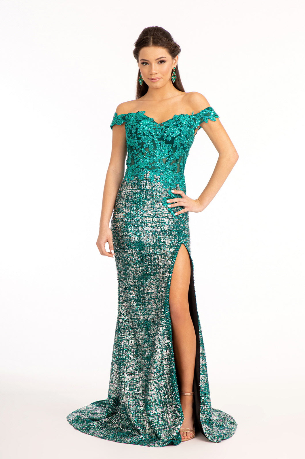 GL 3024 - Off The Shoulder Fit & Flare Prom Gown with Sheer Beaded Lace Embellished Bodice Open Lace Up Corset Back & Leg Slit GL 3024 - Off The Shoulder Fit & Flare Prom Gown with Sheer Beaded Lace Embellished Bodice Open Lace Up Corset Back & Leg Slit