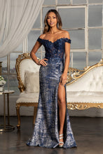 GL 3024 - Off The Shoulder Fit & Flare Prom Gown with Sheer Beaded Lace Embellished Bodice Open Lace Up Corset Back & Leg Slit Dresses GLS XS NAVY 