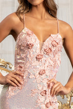 GL 3025 - Sequin Embellished Fit & Flare Prom Gown with 3D Floral Applique Sweetheart Neck & Leg Slit with Open Back Dresses GLS   