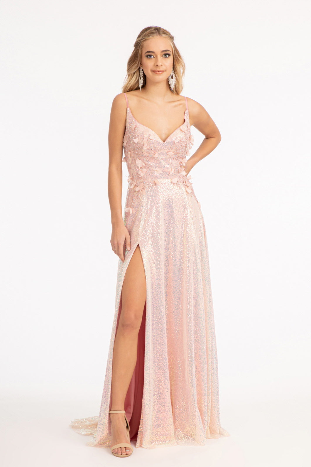 GL 3027 - Iridescent Full Sequin A-Line Prom Gown with Floral Appliqued V-Neck Bodice & Leg Slit PROM GOWN GLS XS ROSE GOLD 