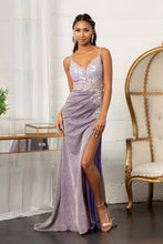 GL 3030 - Metallic Fit & Flare Prom Gown with Sheer Beaded Lace Embellished Bodice Ruched Waist Open Corset Back & Leg Slit PROM GOWN GLS   