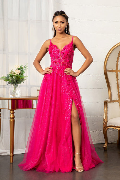 GL 3034 - Shimmer Tulle A-Line Prom Gown with Sheer Boned Beaded 3D Floral Appliqued Bodice Leg Slit & Open Corset Back Dresses GLS XS FUCHSIA 