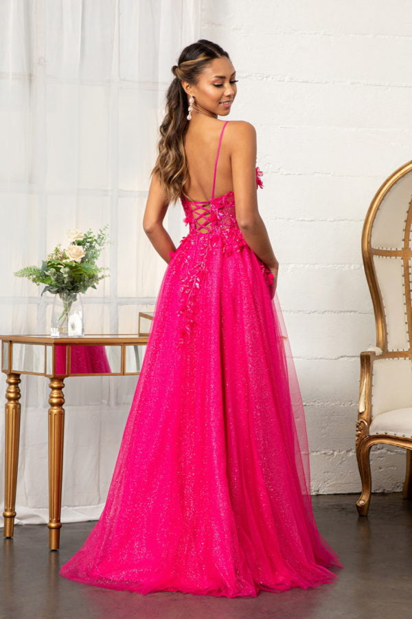 GL 3034 - Shimmer Tulle A-Line Prom Gown with Sheer Boned Beaded 3D Fl –  Diggz Formals