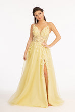 GL 3034 - Shimmer Tulle A-Line Prom Gown with Sheer Boned Beaded 3D Floral Appliqued Bodice Leg Slit & Open Corset Back Dresses GLS XS YELLOW 