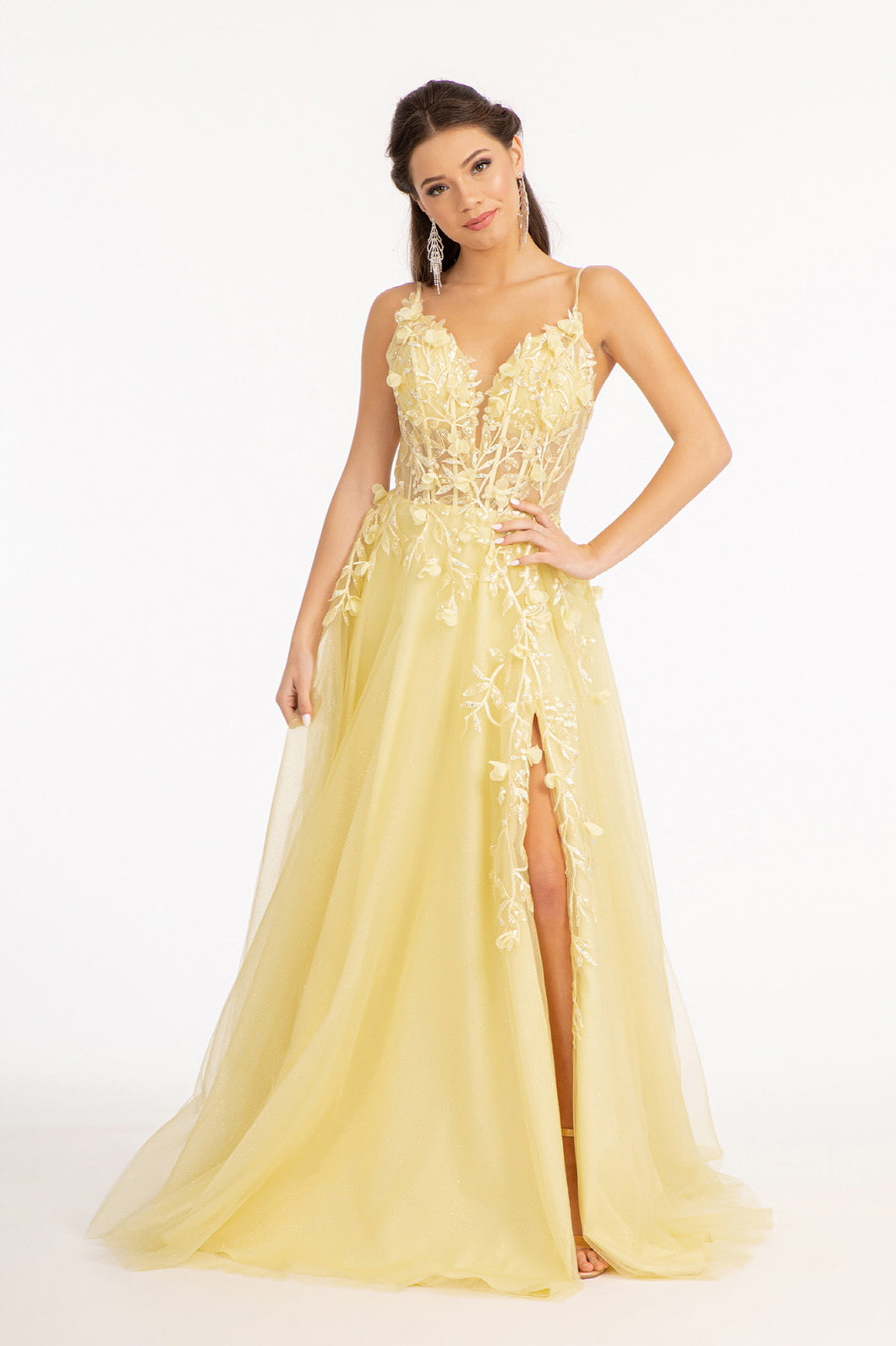 GL 3034 - Shimmer Tulle A-Line Prom Gown with Sheer Boned Beaded 3D Floral Appliqued Bodice Leg Slit & Open Corset Back Dresses GLS XS YELLOW 