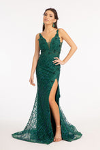 GL 3042 - Fit & Flare Prom Gown Embellished with Glitter & 3D Floral Applique V-Neck with an Open V-Back and Sheer Sides Dresses GLS   