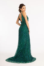 GL 3042 - Fit & Flare Prom Gown Embellished with Glitter & 3D Floral Applique V-Neck with an Open V-Back and Sheer Sides Dresses GLS XS GREEN 