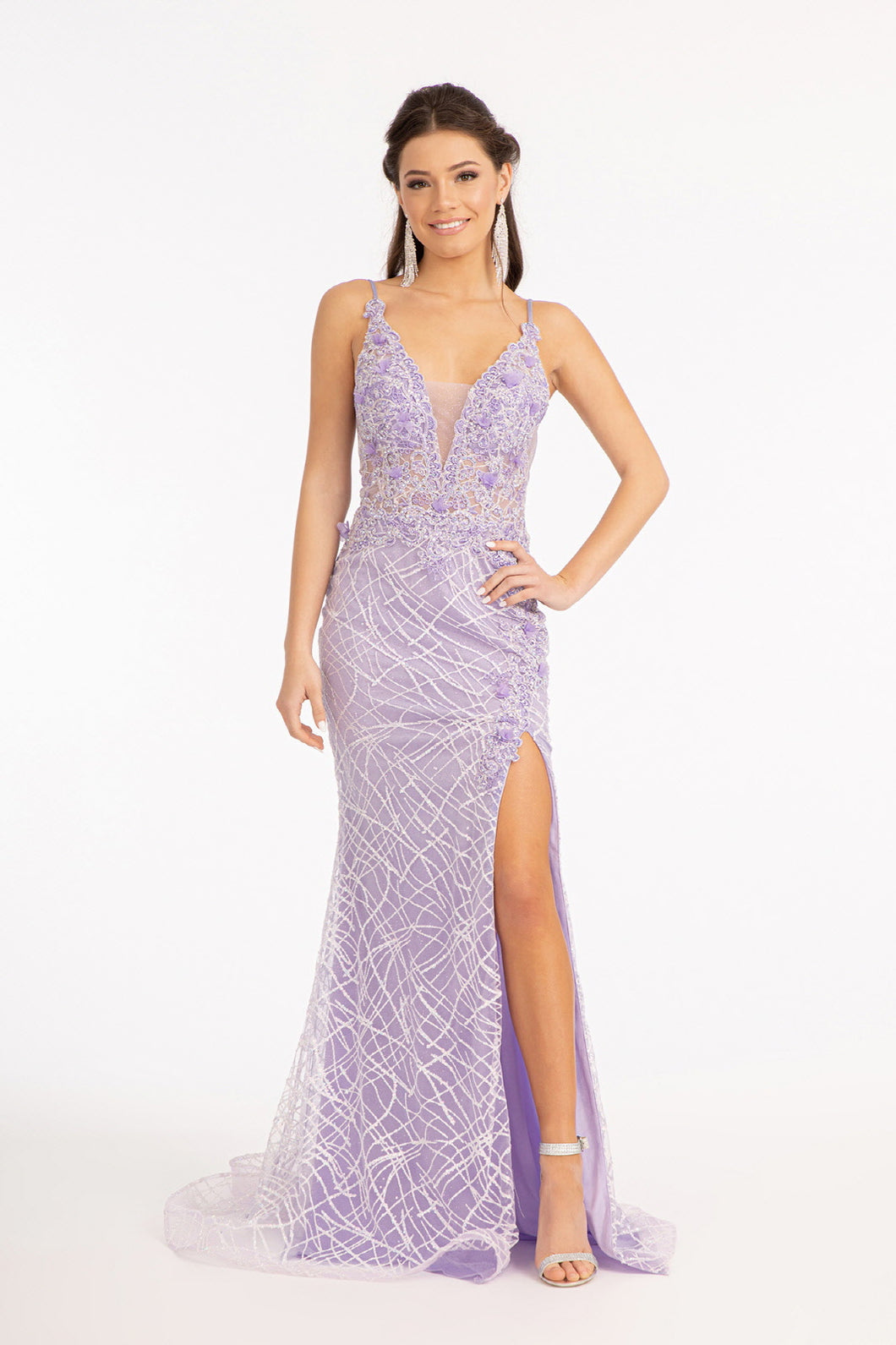 GL 3042 - Fit & Flare Prom Gown Embellished with Glitter & 3D Floral Applique V-Neck with an Open V-Back and Sheer Sides 2XL / GREEN GL 3042 - Fit & Flare Prom Gown Embellished with Glitter & 3D Floral Applique V-Neck with an Open V-Back and Sheer Sides 2XL / GREEN
