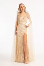 GL 3047 - Feather Embellished Glitter Print Fit & Flare Prom Gown with V-Neck Leg Slit & Removable Shoulder Cape Dresses GLS XS CHAMPAGNE 