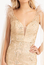 GL 3047 - Feather Embellished Glitter Print Fit & Flare Prom Gown with V-Neck Leg Slit & Removable Shoulder Cape Dresses GLS   