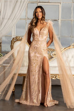 GL 3047 - Feather Embellished Glitter Print Fit & Flare Prom Gown with V-Neck Leg Slit & Removable Shoulder Cape Dresses GLS XS ROSE GOLD 