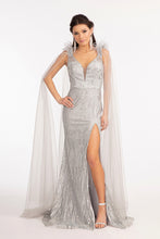 GL 3047 - Feather Embellished Glitter Print Fit & Flare Prom Gown with V-Neck Leg Slit & Removable Shoulder Cape Dresses GLS XS SILVER 