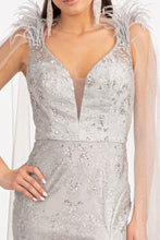 GL 3047 - Feather Embellished Glitter Print Fit & Flare Prom Gown with V-Neck Leg Slit & Removable Shoulder Cape Dresses GLS   