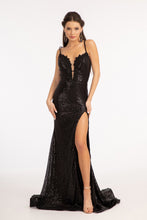 GL 3050 - Full Sequin Fit & Flare Prom Gown with Bead Embellished V-Neck Bodice Strappy Open Back & Leg Slit Dresses GLS XS BLACK 