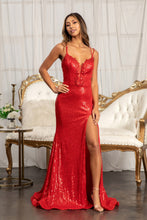 GL 3050 - Full Sequin Fit & Flare Prom Gown with Bead Embellished V-Neck Bodice Strappy Open Back & Leg Slit Dresses GLS XS RED 