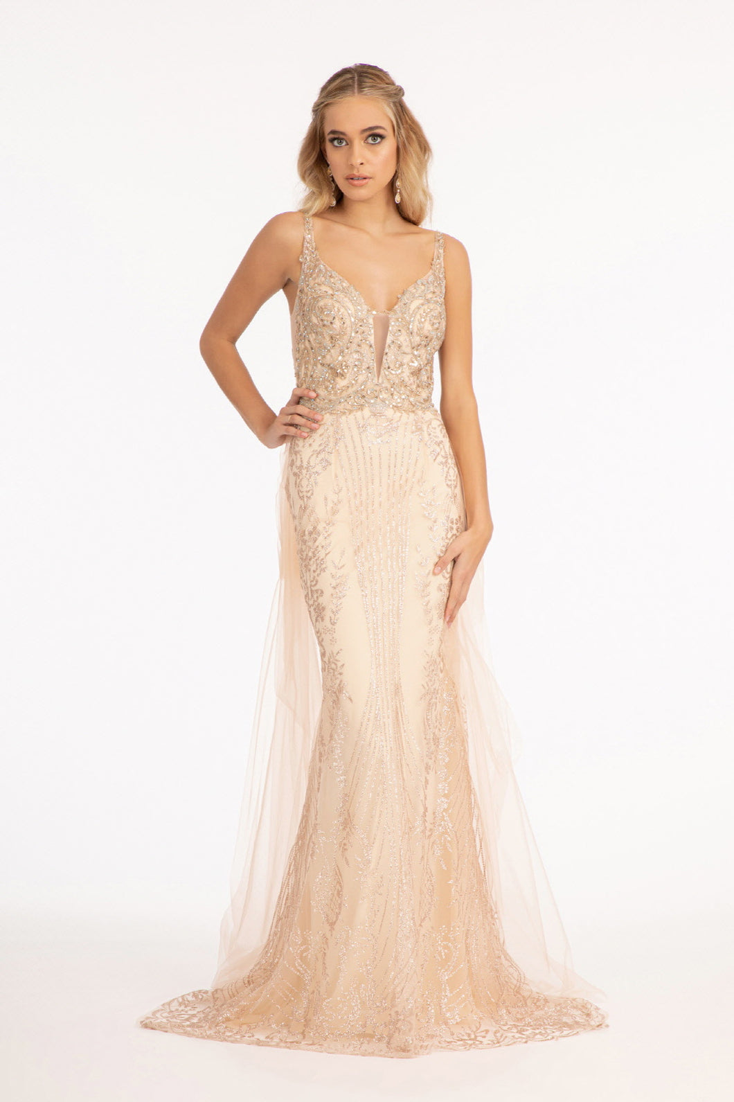 GL 3069 - V-Neck Glitter Fit & Flare with Sheer Sides and Detachable Mesh Train and V-Back Dresses GLS XS CHAMPAGNE 