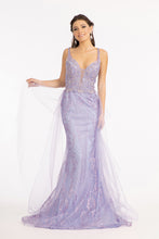 GL 3069 - V-Neck Glitter Fit & Flare with Sheer Sides and Detachable Mesh Train and V-Back Dresses GLS XS LILAC 