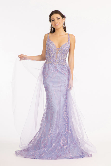 GL 3069 - V-Neck Glitter Fit & Flare with Sheer Sides and Detachable Mesh Train and V-Back PROM GOWN GLS XS LILAC 